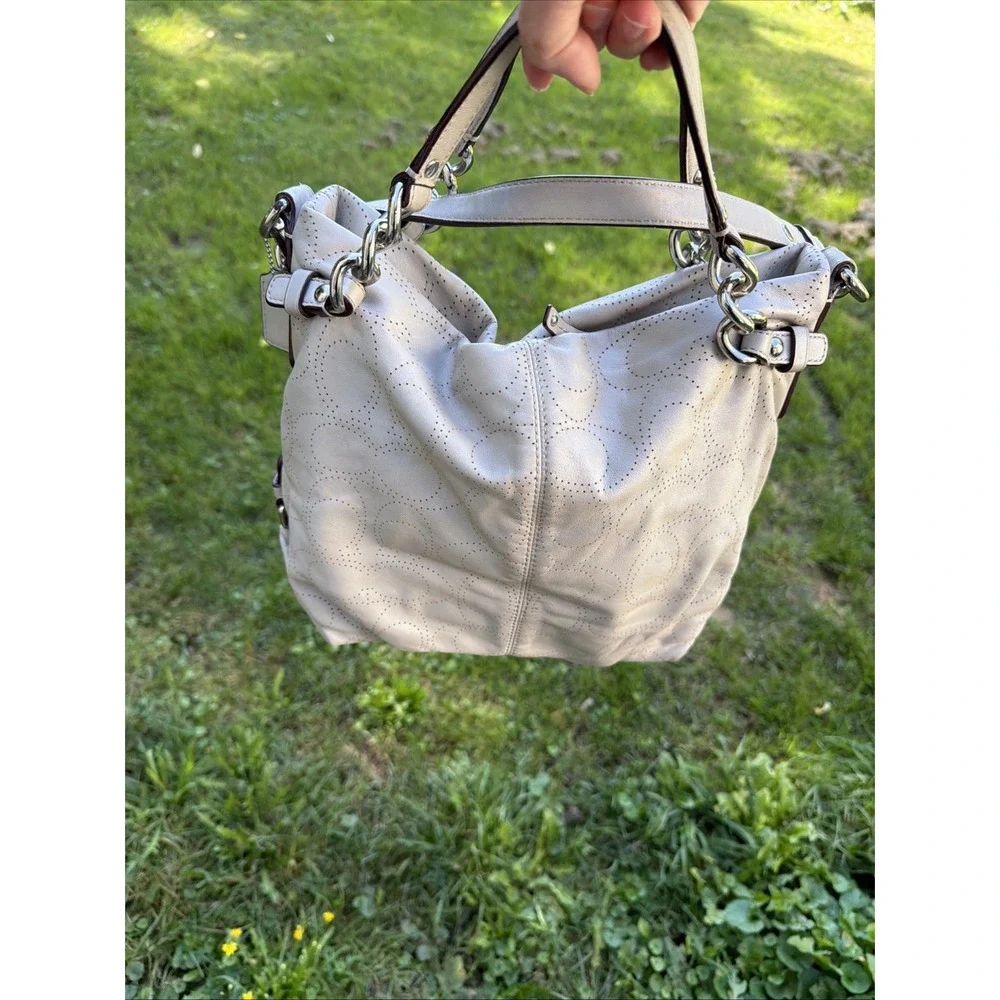 COACH Brooke Dove Gray Leather Perforated Signature Hobo Purse Boho